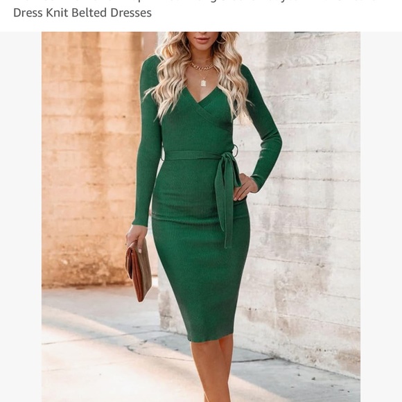 Women’s wrap neck long sleeve body con midi sweater dress knit belted dress S - Picture 6 of 8